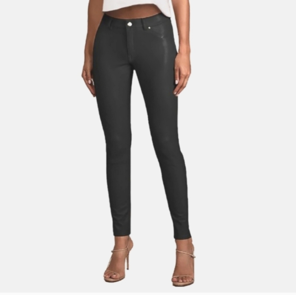 Black Stretchy Faux Leather Pants Skinny Slim Fit with Zipper Closure & Pockets